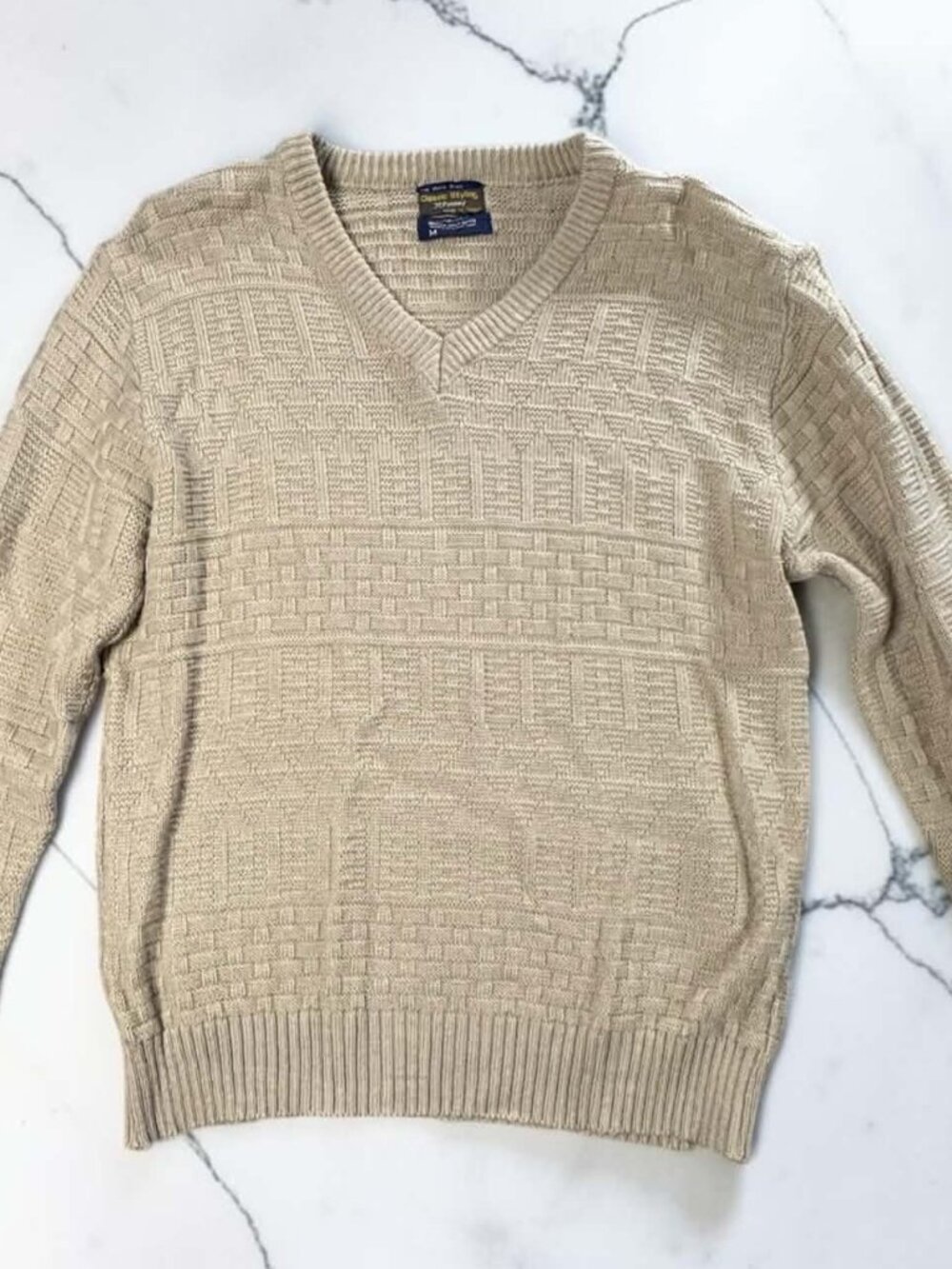 Vintage 70s/80s JCPenney The Men's Shop Textured Knit V-Neck Sweater Beige M